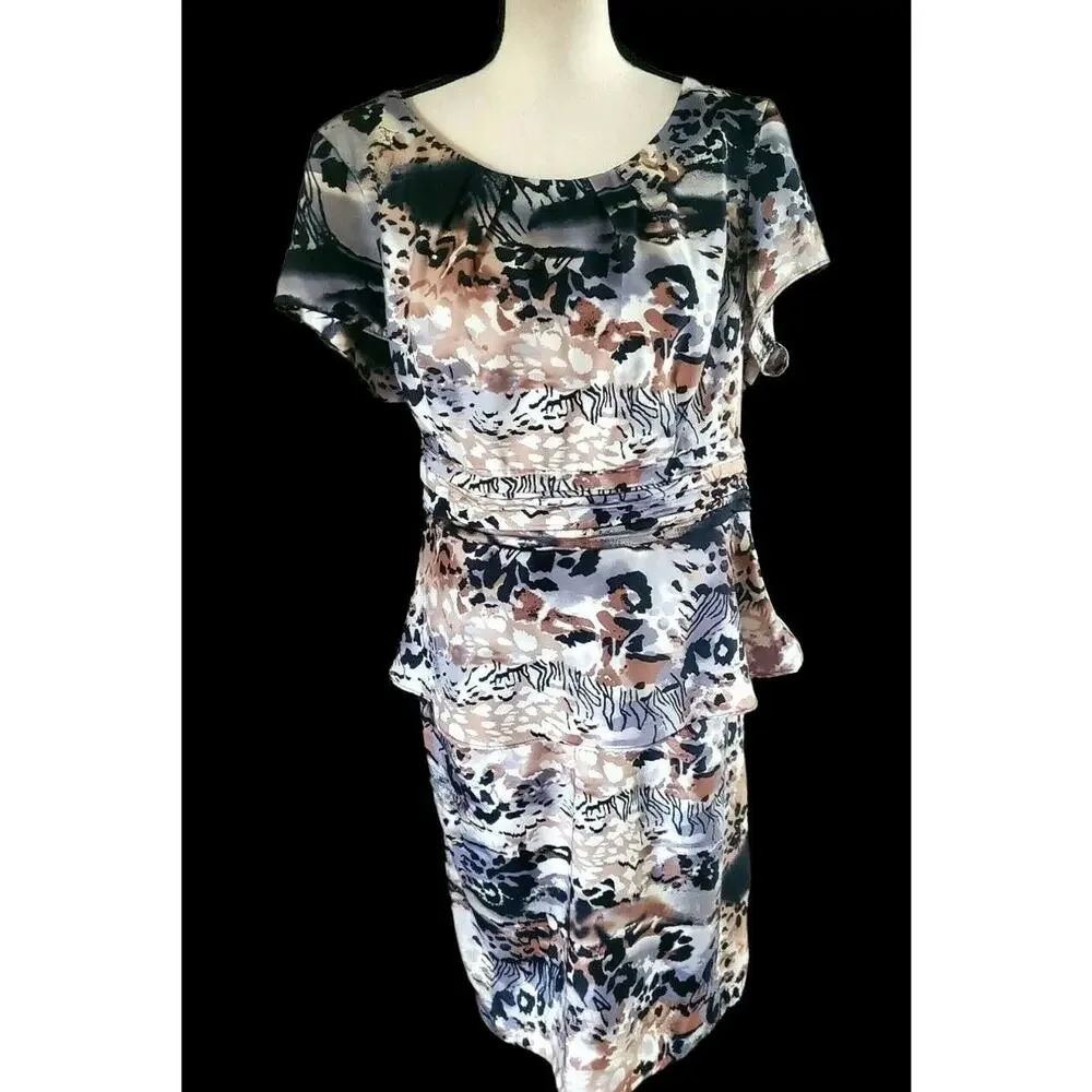 Dana Kay Satin Brown Black Animal Print Cap Sleeve Pleated Top Skirt Set Sz 16